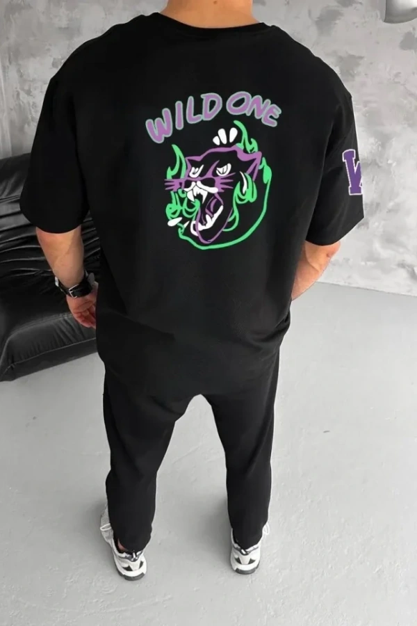 Unisex Bisiklet Yaka Baskılı Oversize T-Shirt - Siyah