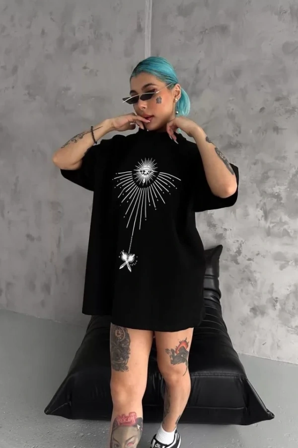 Unisex Bisiklet Yaka Baskılı Oversize T-Shirt - Siyah