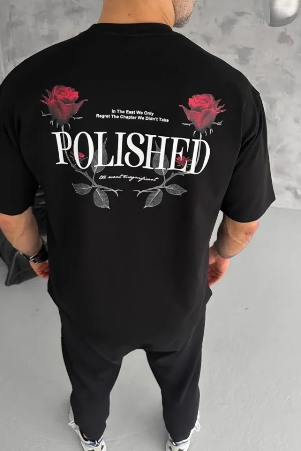 Unisex Bisiklet Yaka Baskılı Oversize T-Shirt - Siyah