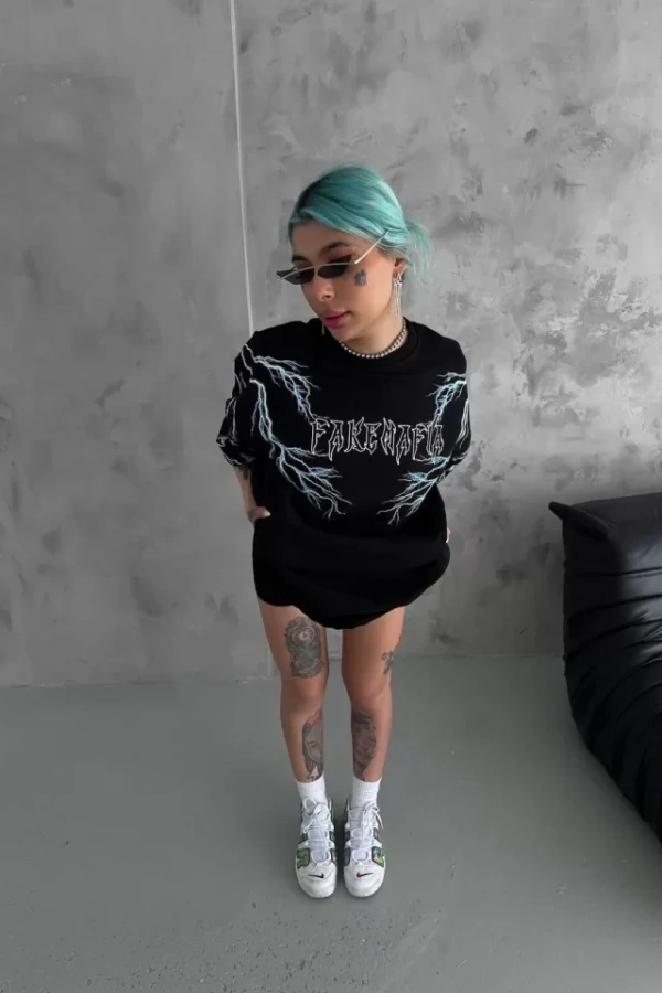 Unisex Bisiklet Yaka Baskılı Oversize T-Shirt - Siyah