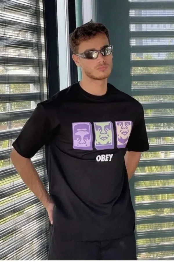 Unisex Bisiklet Yaka Baskılı Oversize T-Shirt - Siyah