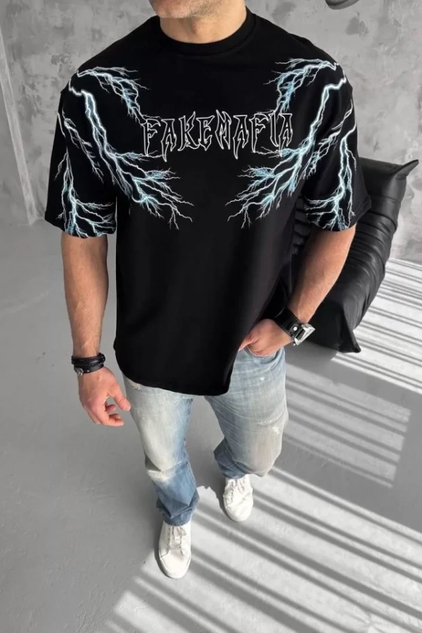 Unisex Bisiklet Yaka Baskılı Oversize T-Shirt-Siyah