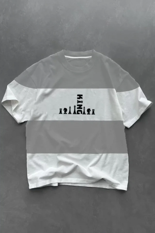 Unisex Bisiklet Yaka Baskılı Parçalı Oversize T-Shirt - Gri