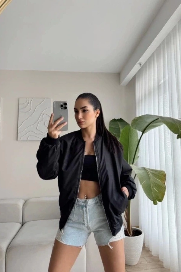 Unisex İçi Astarlı Düz Bomber Ceket - Siyah