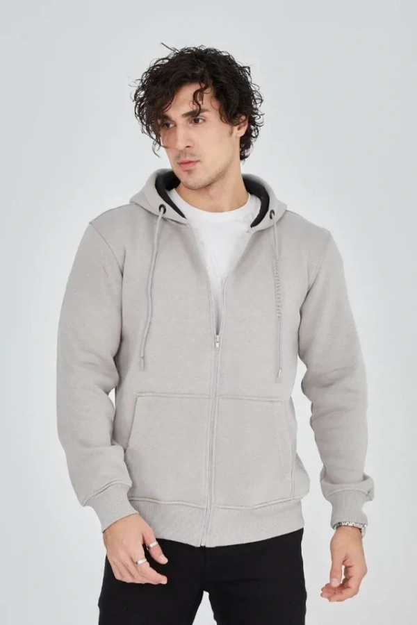 Unisex Tam Fermuarlı Kapşonlu  SweatShirt - Boyalı Gri