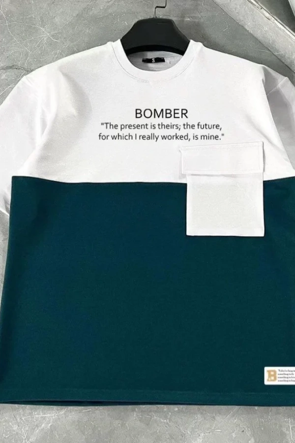 Unisex Torba Cep Detaylı  Parçalı T-Shirt - Lacivert