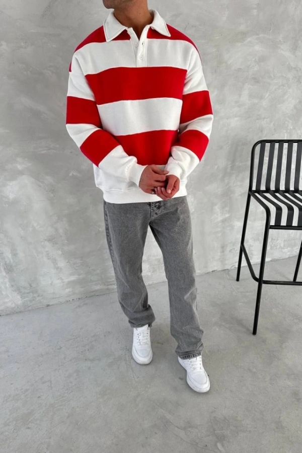 Unisex Üç İplik Parçalı Yakalı SweatShirt - Kırmızı