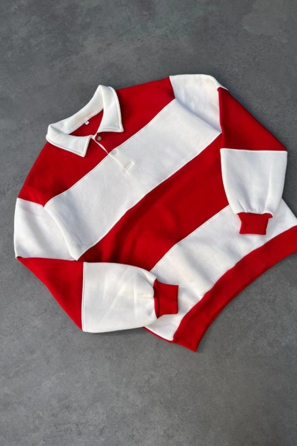 Unisex Üç İplik Parçalı Yakalı SweatShirt - Kırmızı