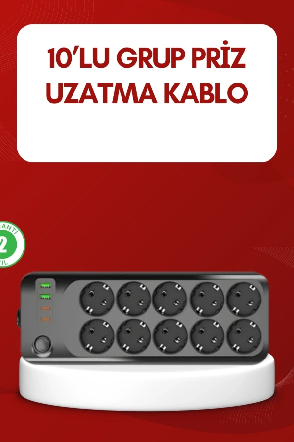 USB Type-C Destekli 10’lu Grup Priz Termal Korumalı 2m Kablo 2500W