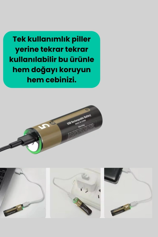 USB Type-C ile Hızlı Şarj Edilebilen AA Lityum Pil