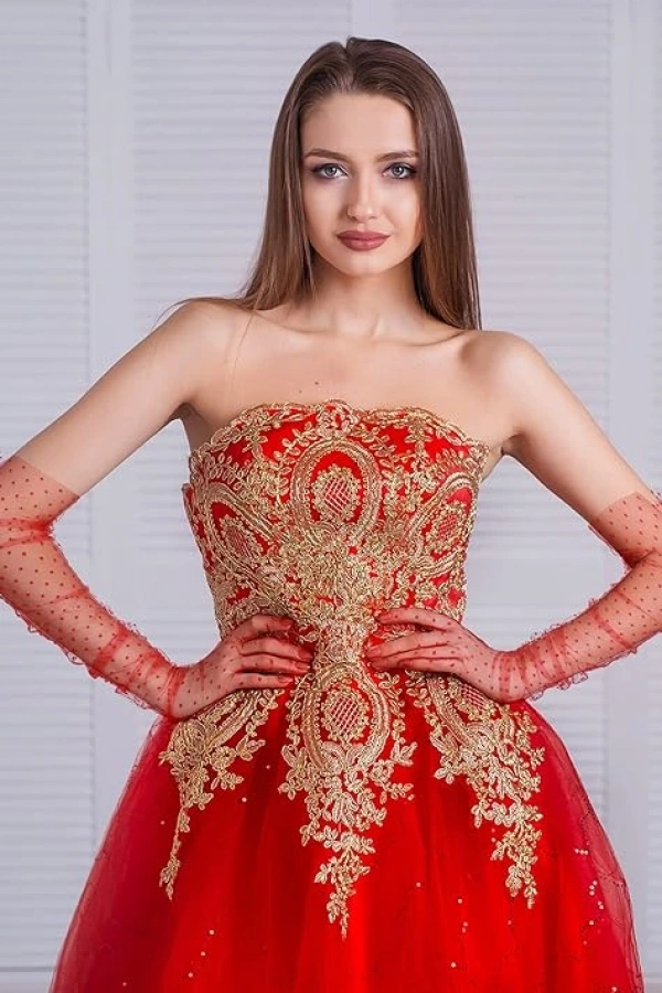 Uzun Boy Kırmızı Puantiyeli Kırmızı Renk Yetişkin Tül Eldiven