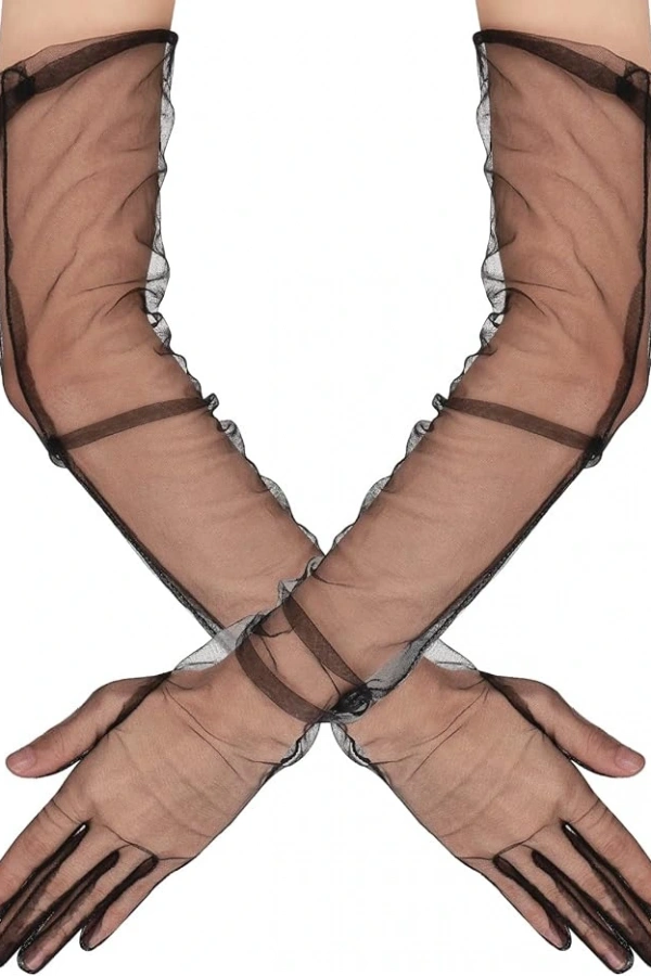 Uzun Boy Likralı Siyah Yetişkin Mega Tül Eldiven