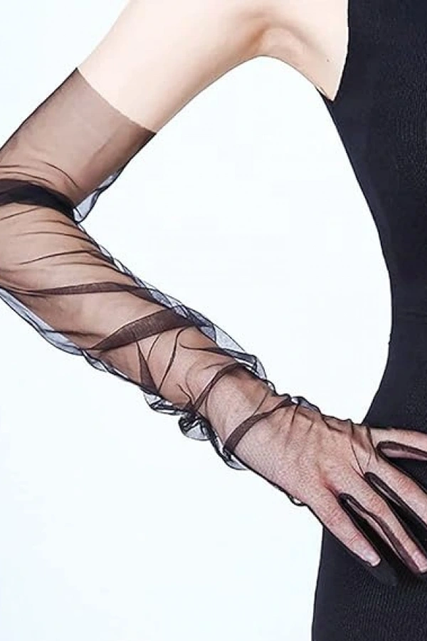 Uzun Boy Likralı Siyah Yetişkin Mega Tül Eldiven