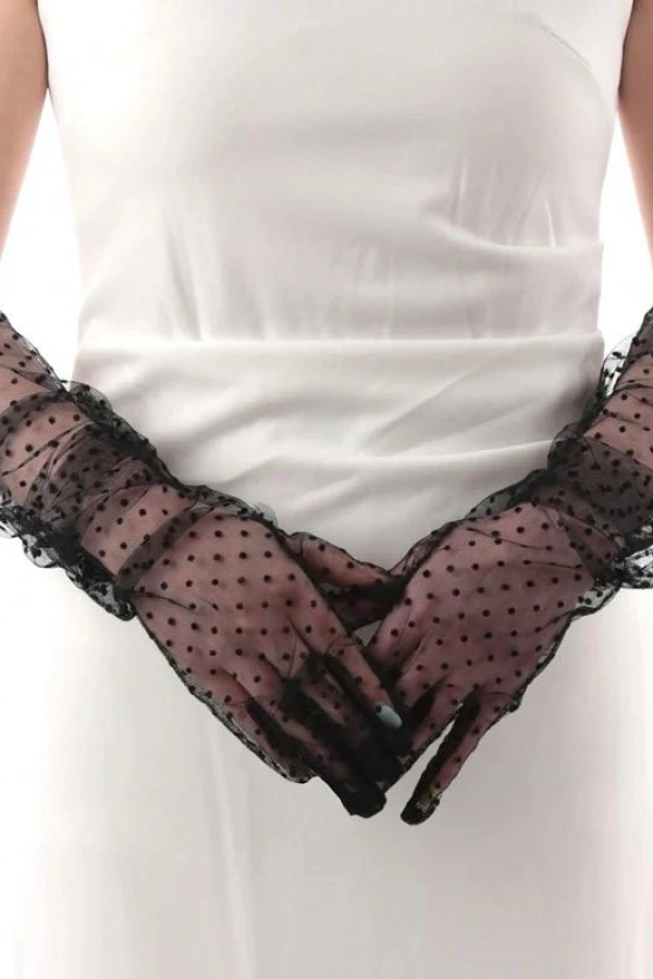 Uzun Siyah Puantiyeli Yetişkin Tül Eldiven