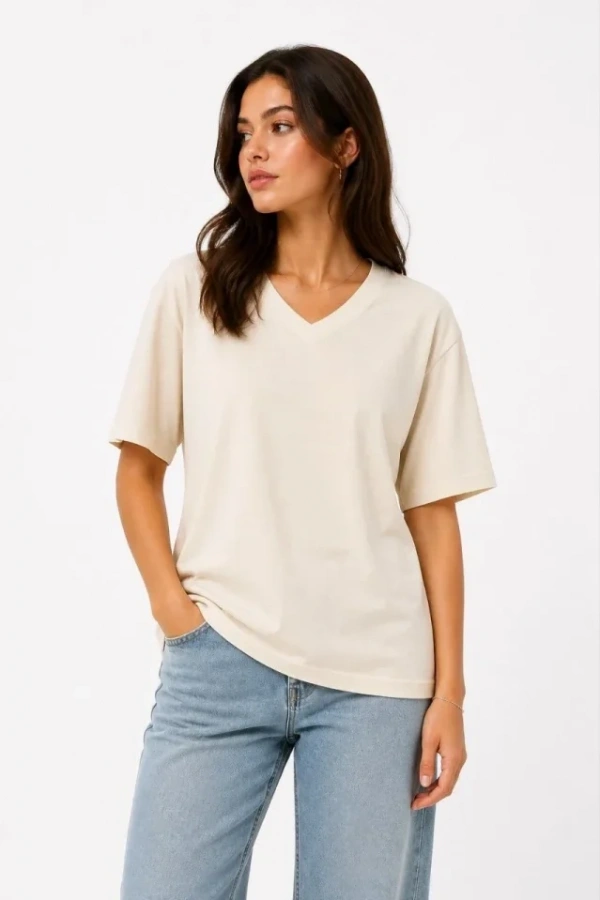 V Yaka Basic Tişört Kısa Kol Yazlık Regular Fit T-Shirt - Bej