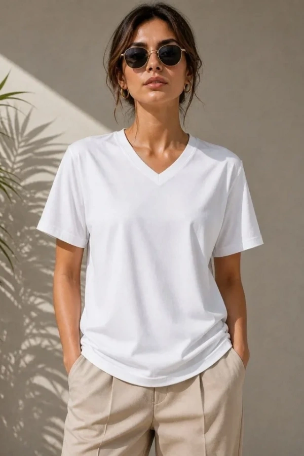 V Yaka Basic Tişört Kısa Kol Yazlık Regular Fit T-Shirt - Beyaz