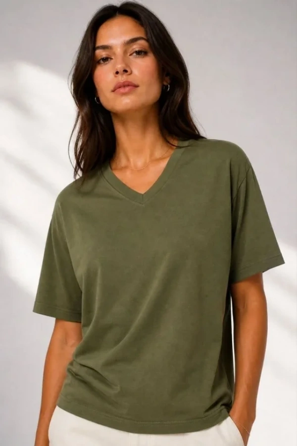 V Yaka Basic Tişört Kısa Kol Yazlık Regular Fit T-Shirt - Haki