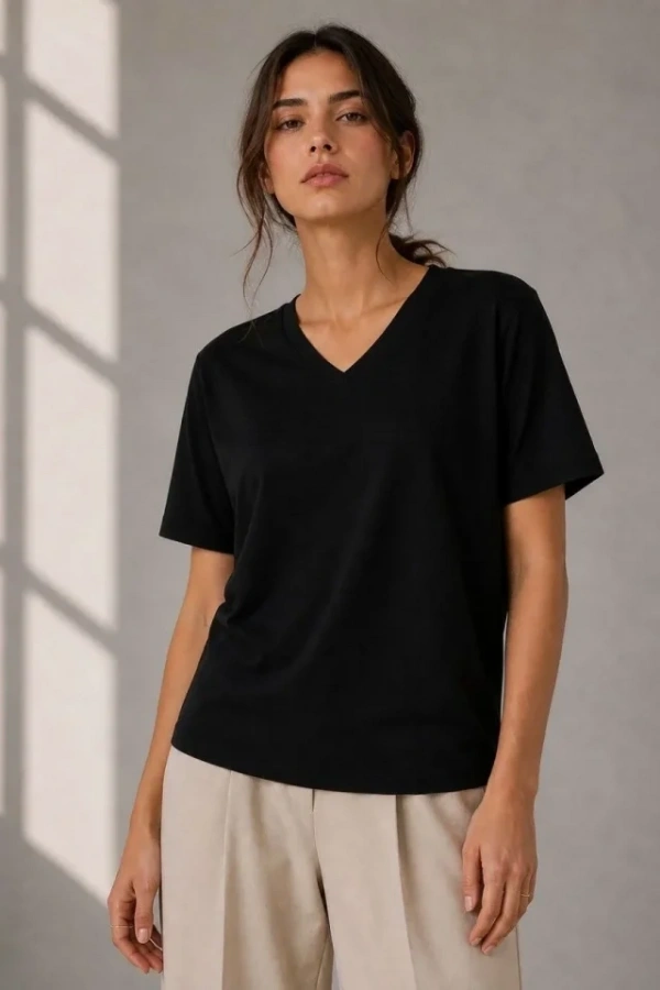 V Yaka Basic Tişört Kısa Kol Yazlık Regular Fit T-Shirt - Siyah