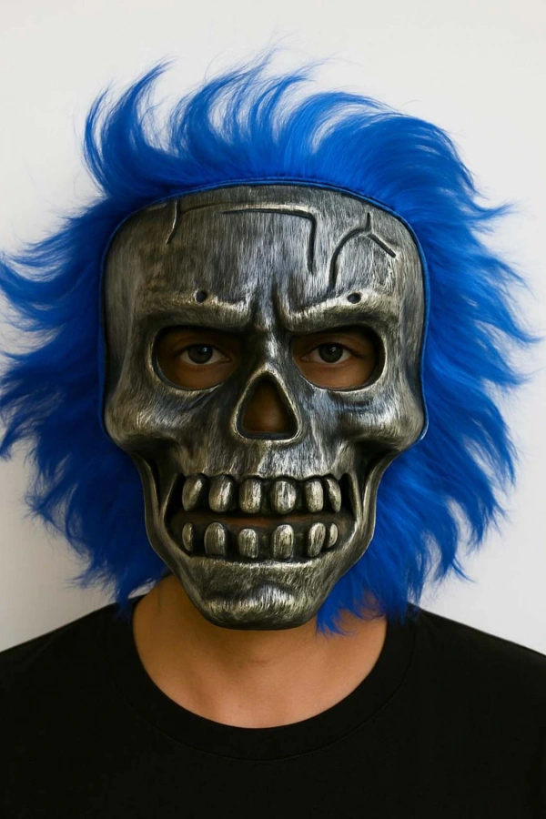 Wild Skull - Gümüş Kafatası Mavi Saçlı İskelet Maske