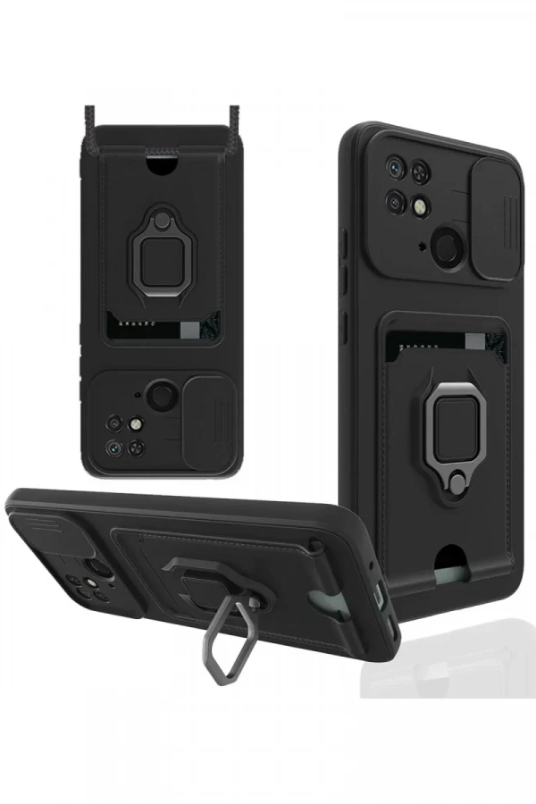Xiaomi Redmi 10C Kılıf Zuma Kartvizitli Yüzüklü Silikon - Siyah