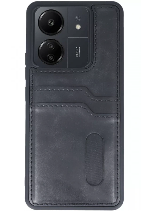 Xiaomi Redmi 13C Kılıf Sara Kartvizitli Deri Kılıf - Siyah