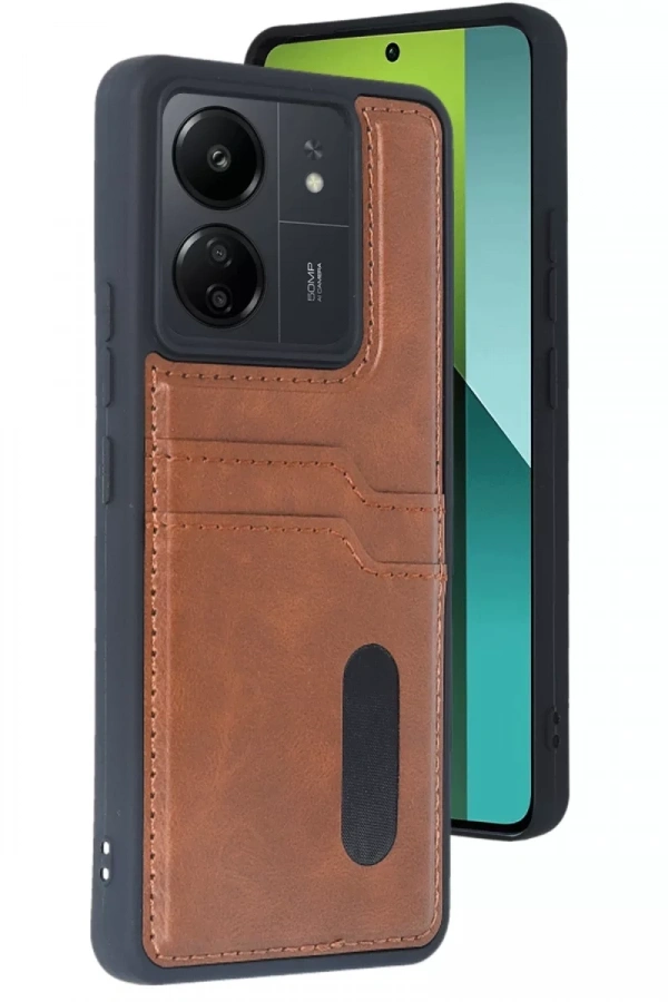 Xiaomi Redmi 13C Kılıf Sara Kartvizitli Deri Kılıf - Taba