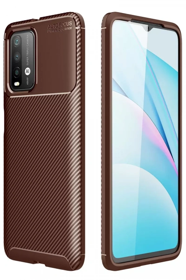 Xiaomi Redmi 9T Kılıf Auto Focus Karbon Kapak - Kahverengi