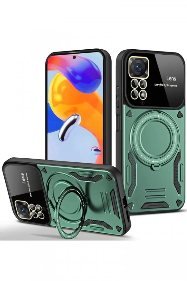 Xiaomi Redmi Note 11 Pro Kılıf Joy Lens Standlı Kapak - Koyu Yeşil