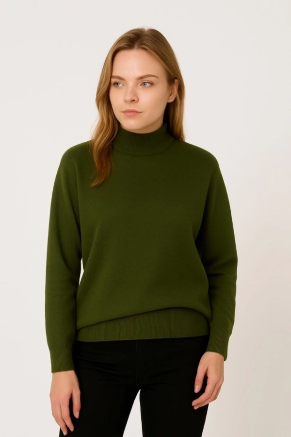 Yarım Boğaz Triko Kazak Yumuşak Dokulu Pamuklu Ince Dokuma, Uzun Kollu Rahat Regular Kalıp - Haki