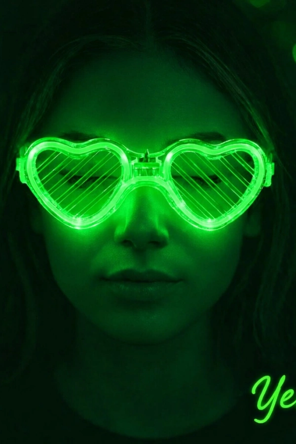 Yeşil LED Işıklı Kalp Gözlük – 3 Modlu