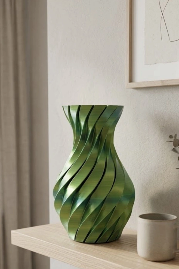 Yeşil Spiral 3D Baskı Vazo Estetik Modern Ev Ofis Dekoru
