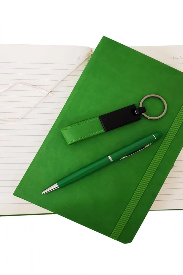 Yeşil Termo Deri Defter, Kalem ve Anahtarlık Seti