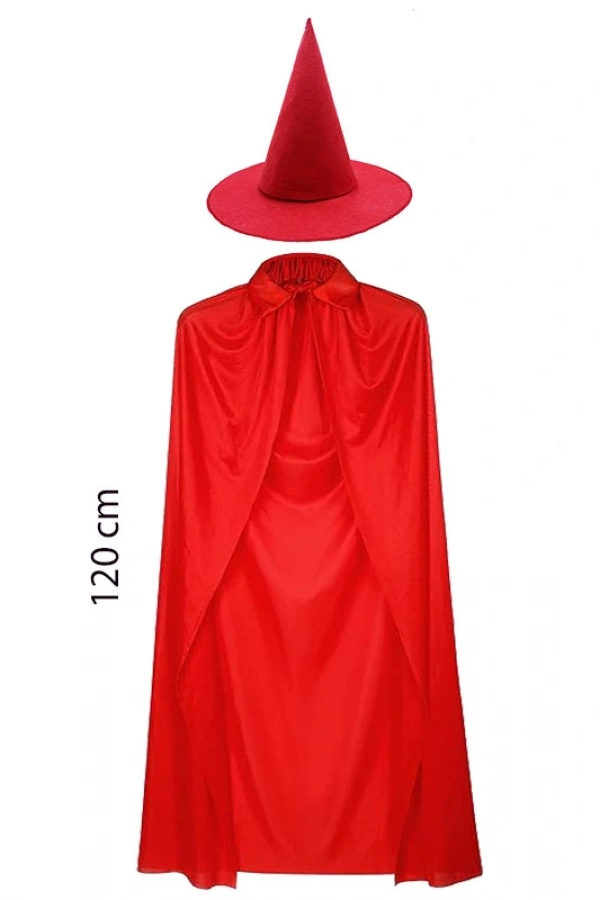 Yetişkin Boy Kırmızı Yakalı Pelerin ve Kırmızı Cadı Şapkası
