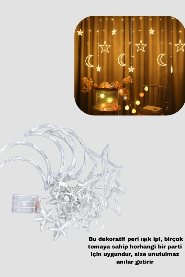 Yıldız Ay Tasarımlı Prizli Perde LED Işık İç Mekan Dekoru