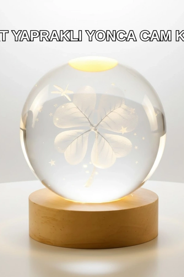 Yonca Figürlü Cam Küre USB Işıklı Ahşap Tabanlı Dekoratif Masa Lambası