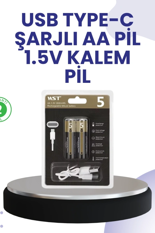 Yüksek Performanslı AA USB Şarjlı Lityum Pil | 1.5V Sabit Güç | 2’li Paket