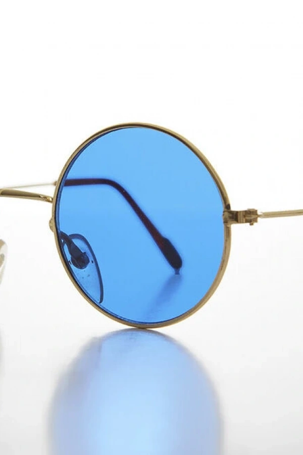 Yuvarlak Cam John Lennon Tarzı Gold Çerçeveli Mavi Gözlük