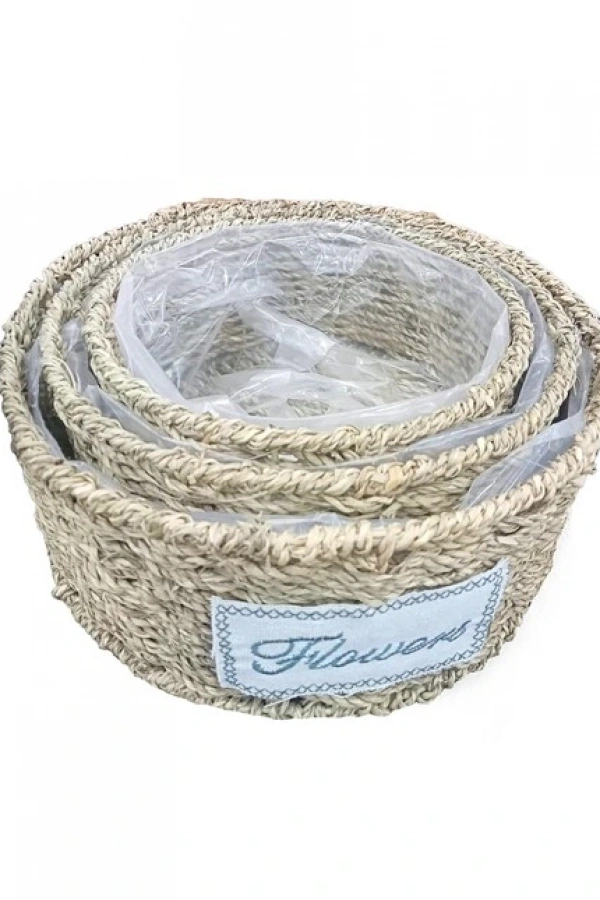 Yuvarlak Doğal Hasır Saksı Seti - 3lü