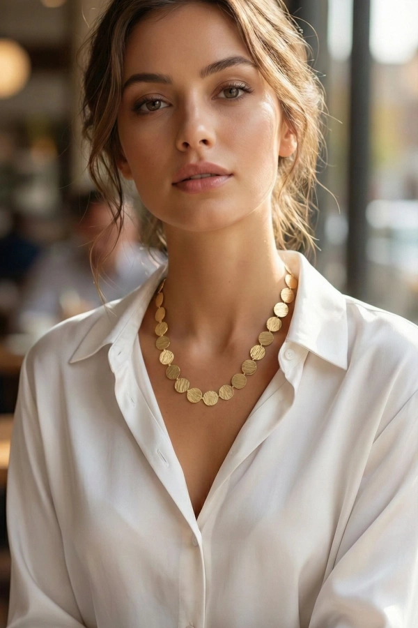 Yuvarlak Plaka Model Gold Renk Kadın Kolye