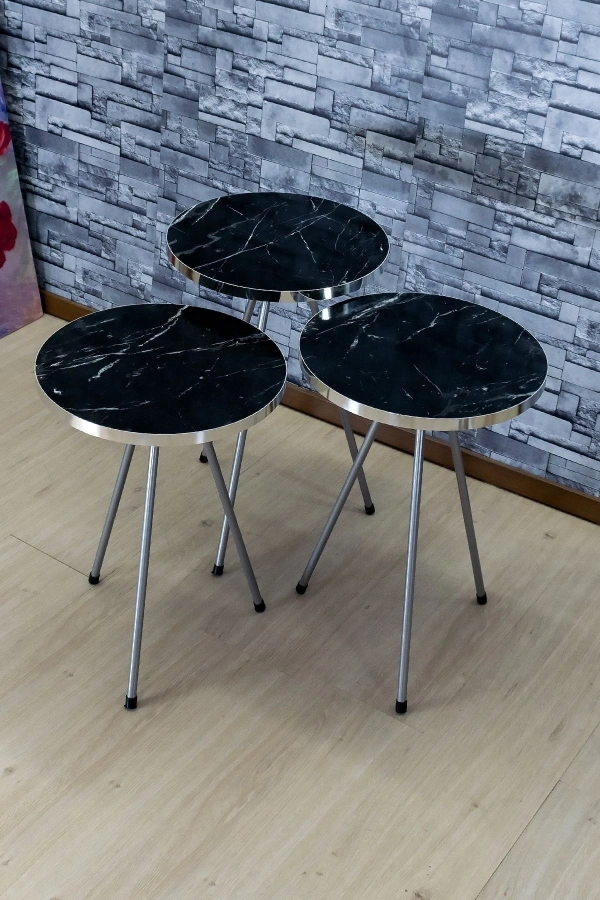 Zigon Sehpa 3lü Gümüş Metal Ayak Gümüş Siyah Bendir 1069