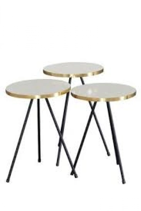 Zigon Sehpa 3 Lü Siyah Metal Ayak Gold Krem