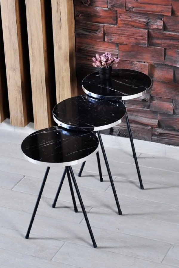 Zigon Sehpa 3lü Siyah Metal Ayak Gümüş Siyah Bendir 1070
