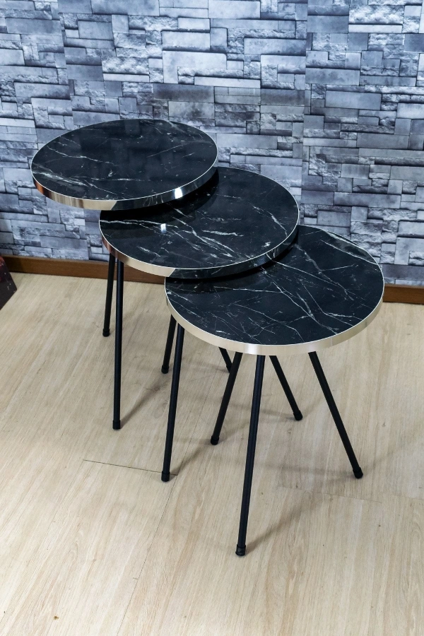 Zigon Sehpa 3lü Siyah Metal Ayak Gümüş Siyah Bendir 1070