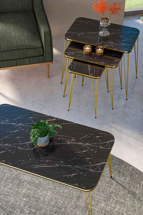 Zigon Sehpa Kr Ve Orta Sehpa Kr Set Çift Gold Bendir Tel 1113