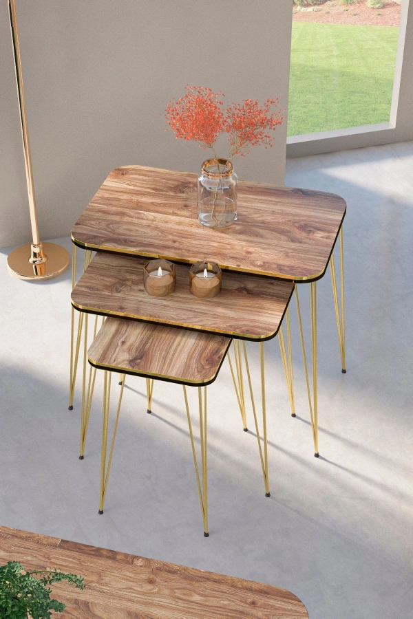 Zigon Sehpa Kr Ve Orta Sehpa Kr Set Çift Gold Ceviz Tel 1110