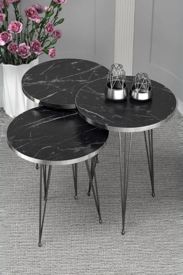 Zigon Sehpa Siyah Tel Ayak Gümüş Bendir 1089