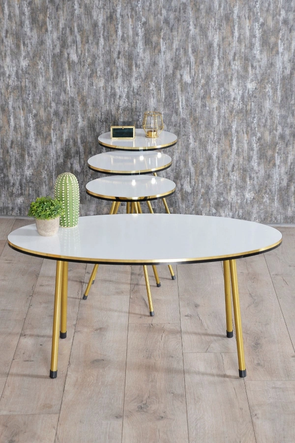 Zigon Sehpa ve Orta Sehpa Elips Set Çift Gold Beyaz Metal