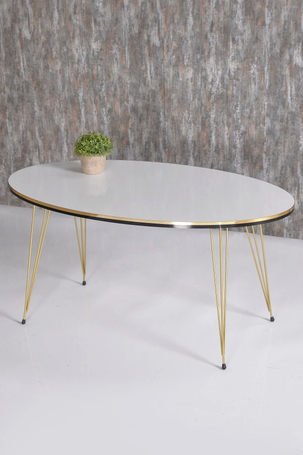 Zigon Sehpa Ve Orta Sehpa Elips Set Çift Gold Beyaz Tel