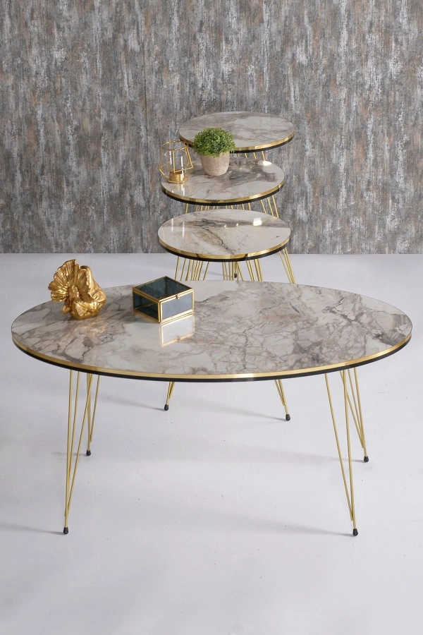 Zigon Sehpa ve Orta Sehpa Elips Set Çift Gold Efes Tel