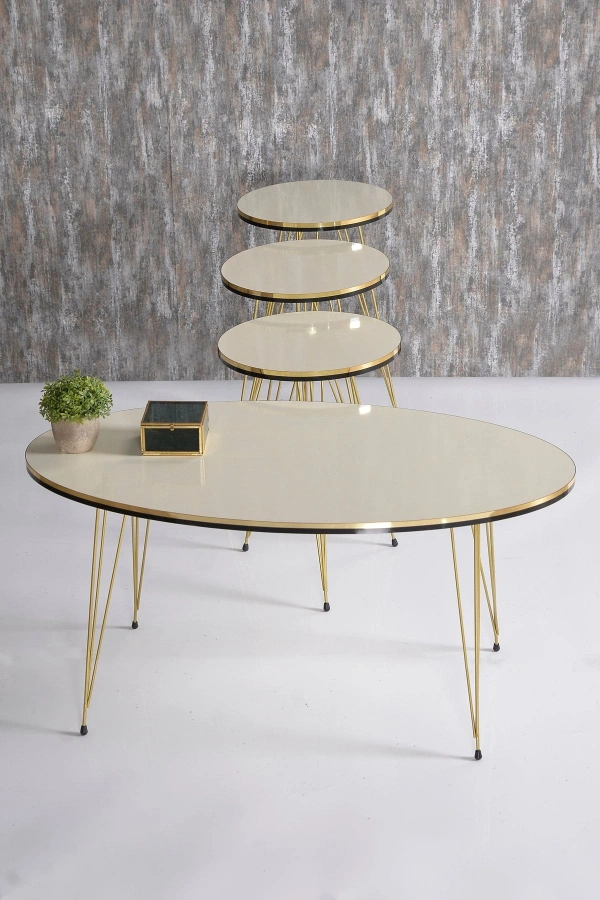 Zigon Sehpa Ve Orta Sehpa Elips Set Çift Gold Krem Tel Ayak